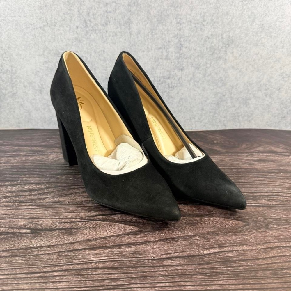Women's size 5 Nine West Black suede pointed toe pumps with gold accents